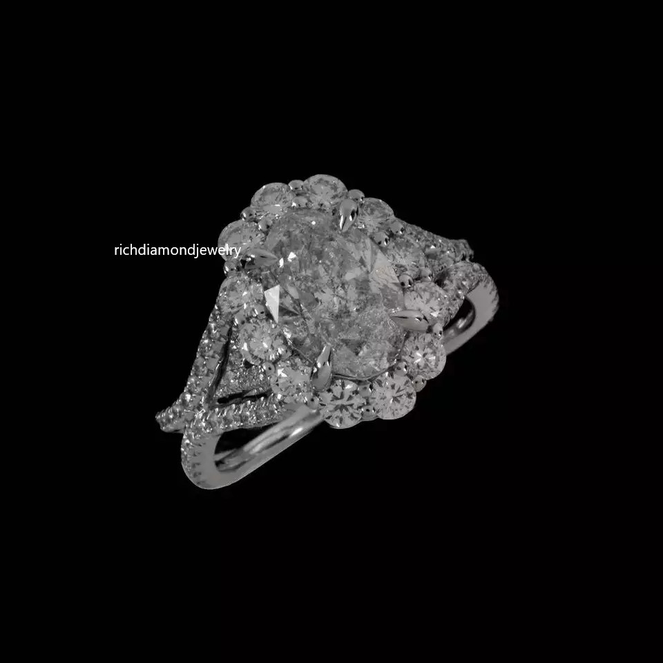 Genuine Oval & Round Cut 3.40CT Cubic Zirconia Halo Engagement Wedding Fine Ring