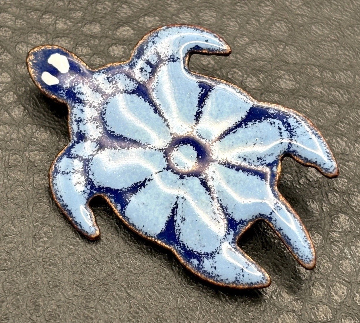 Vintage Copper Abstract Sea Turtle Two Tone Blue Enamel Art Brooch Pin Beach