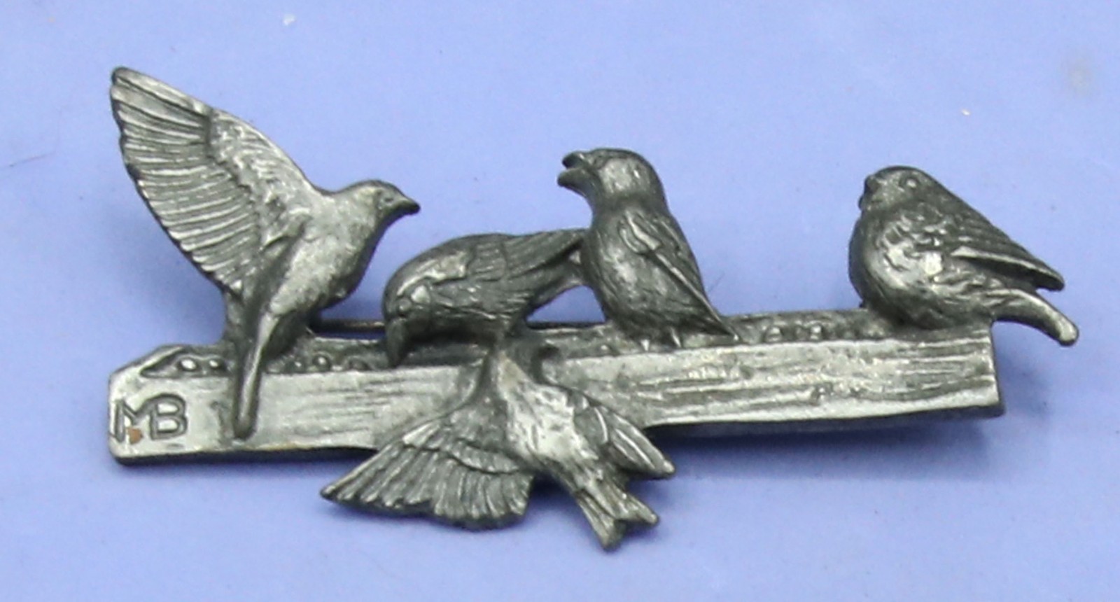 1999 M. Bastin Vintage Pin Brooch Pewter Cast 5 Birds At A Feeder
