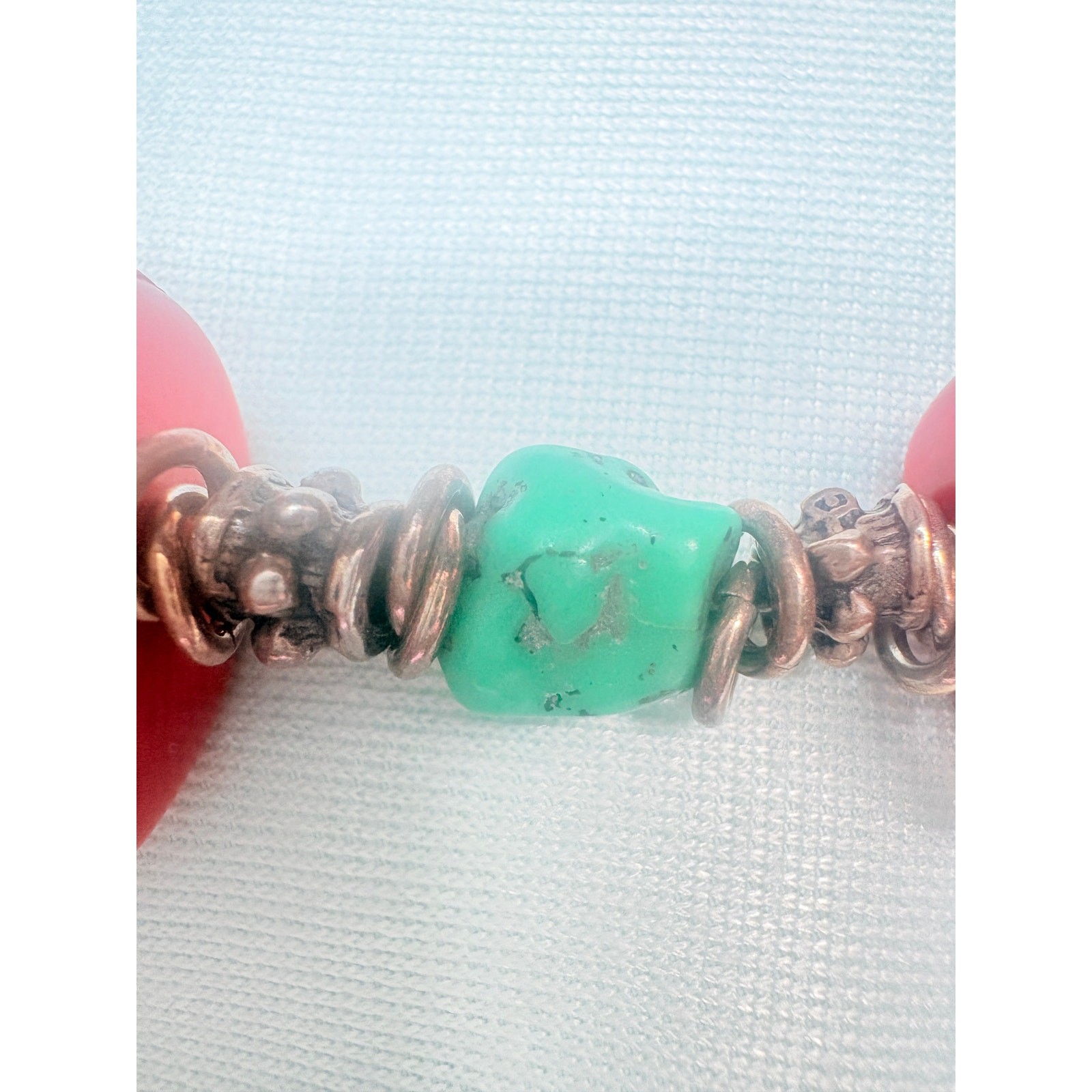 Artisan Bamboo Coral & Composite Turquoise Necklace with Sterling Silver Accents
