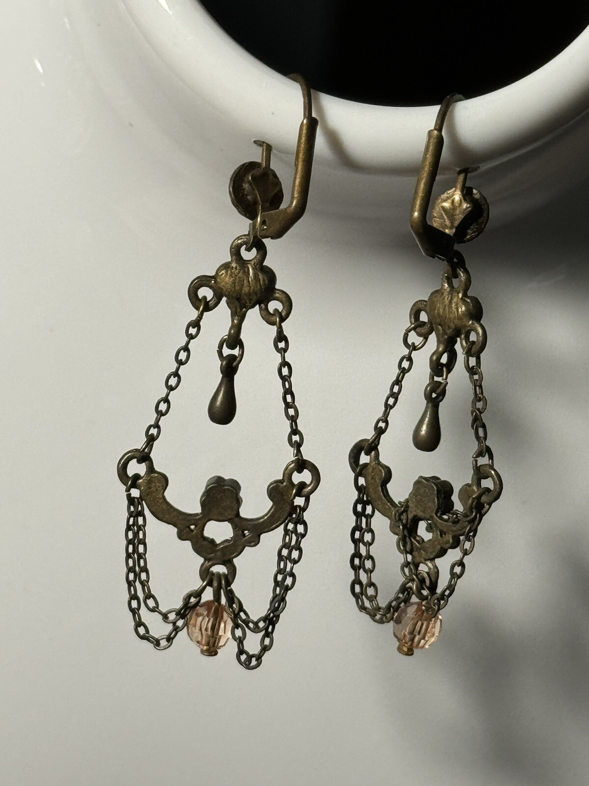 Antique Chandelier Peach Beads Earrings Alloy Metal Self Clasp Beautiful 2inch