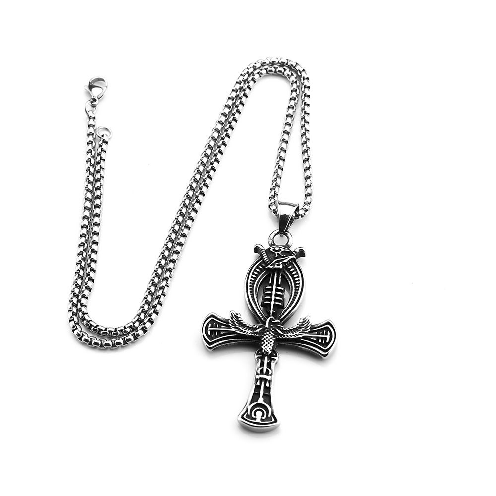 Stainless steel men’s double-sided anklet cross pendant necklace