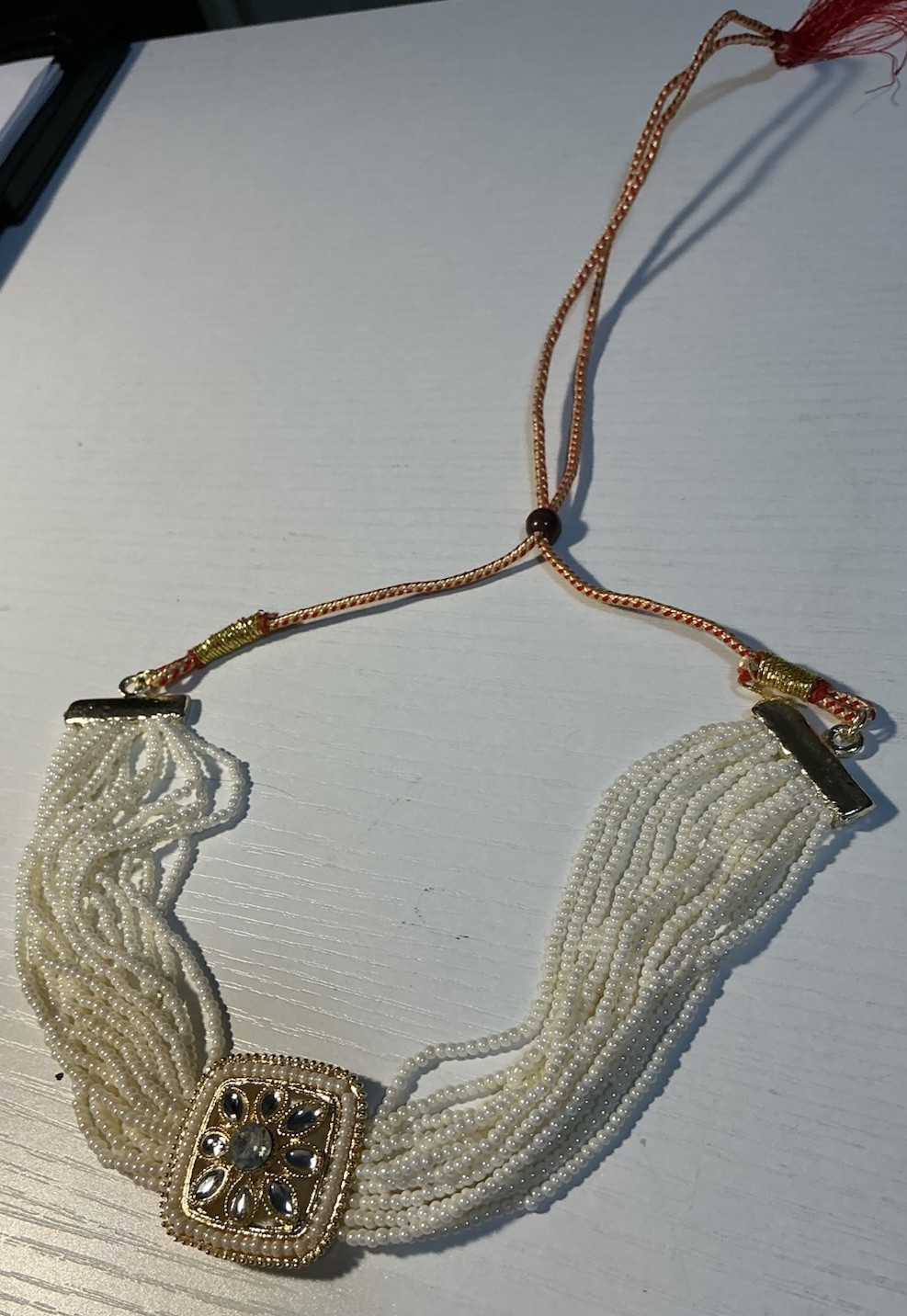 15 Strands Of Small White Beads Sq. With Teardrop Gems Choker GoldTone Unbranded