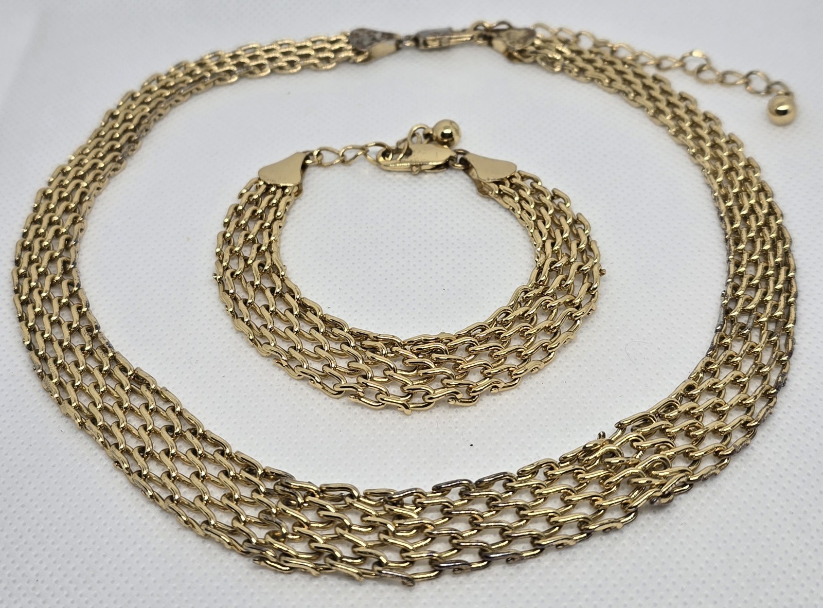 Vintage 14K Gold Plate Chain Weave Necklace & Bracelet Set 3 Inch Extension