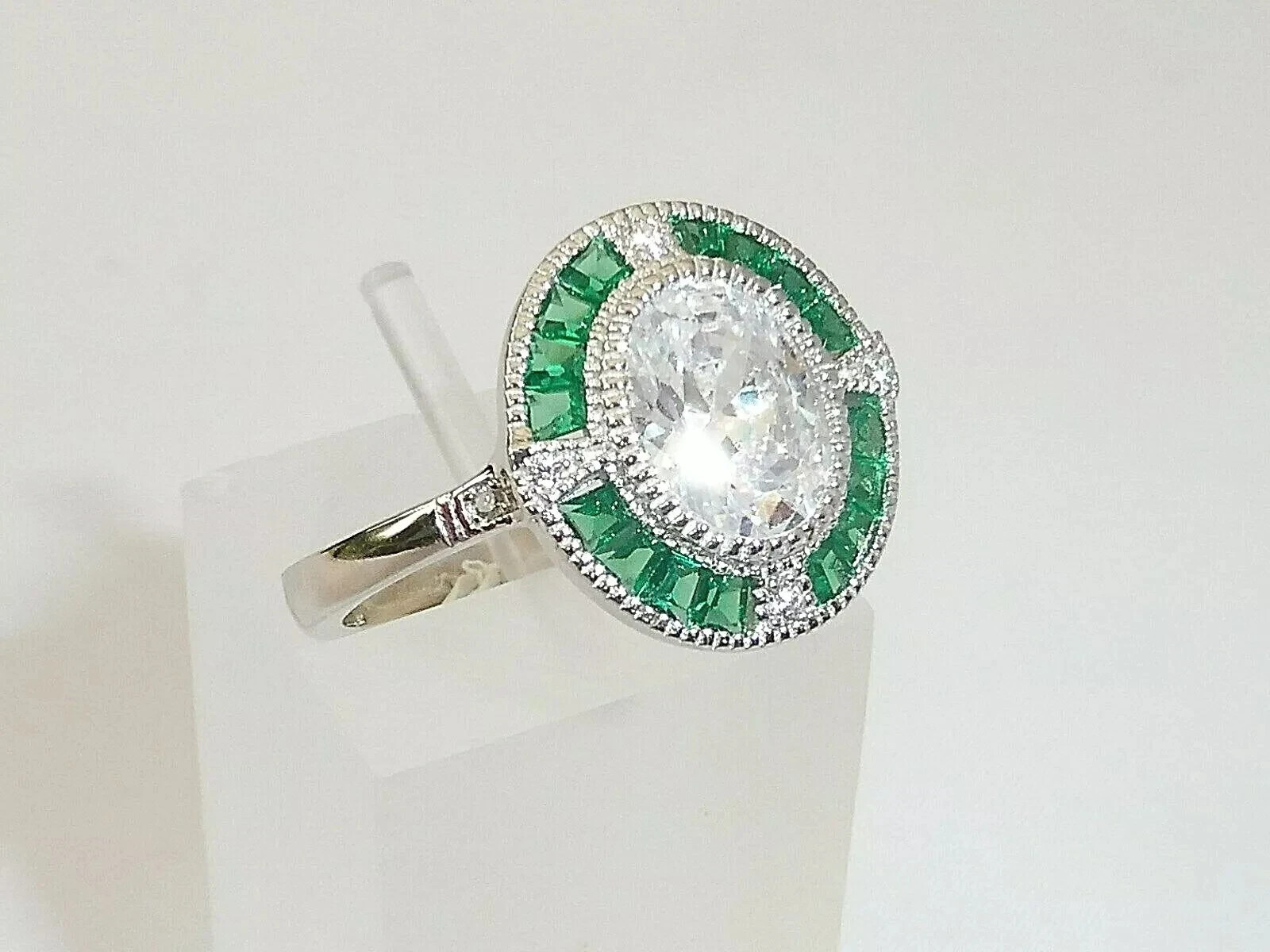 Art Deco Style Lab Created Diamond & Emerald Engagement 14K White Gold FN Ring