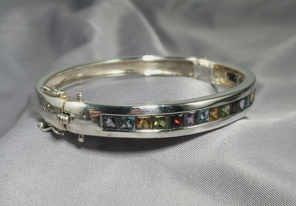 STERLING SILVER HINGED Bangle BRACELET MULTI-COLOR GEMSTONES Size 7″