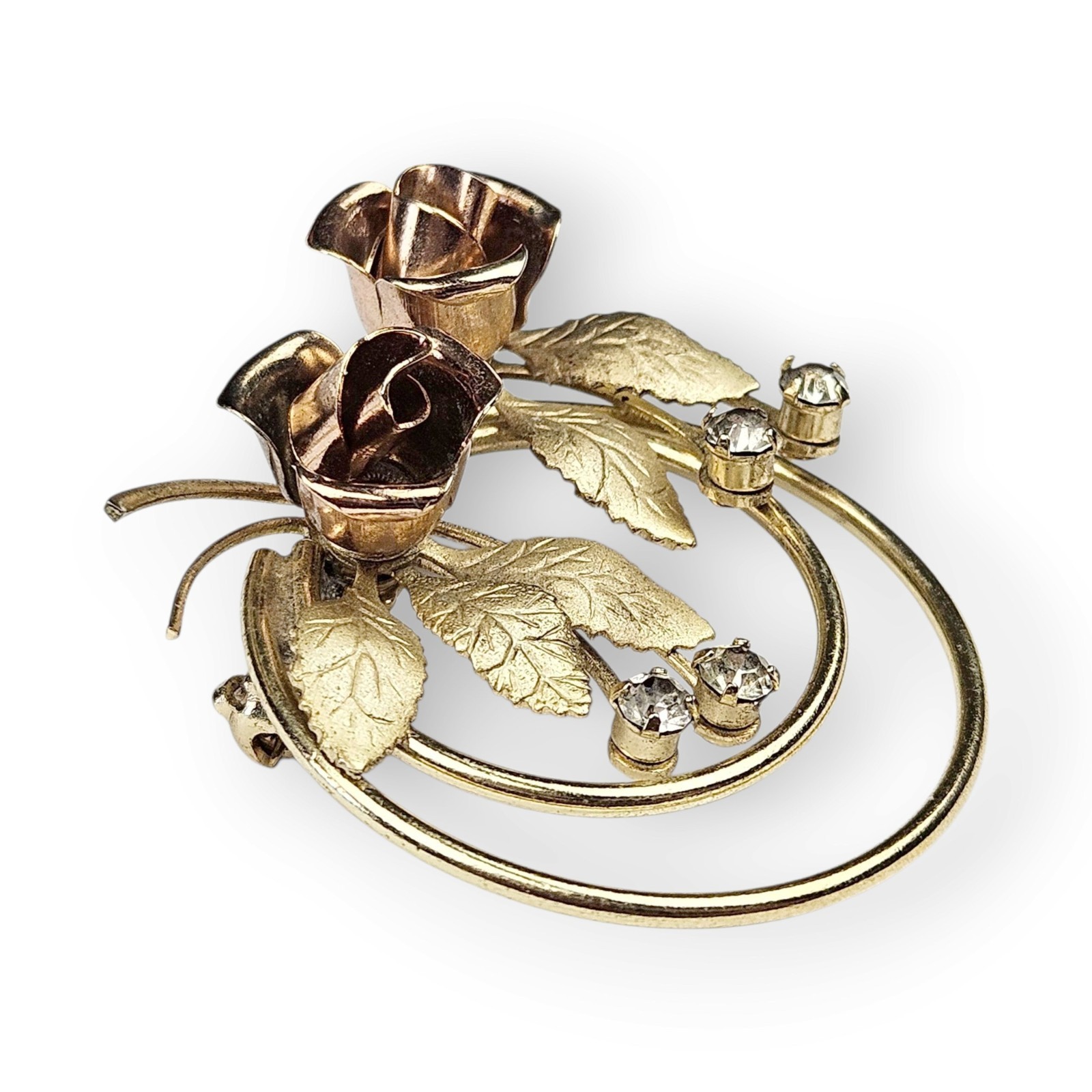 Vintage Double Rose Brooch Two Tone Brushed Gold Plated Rhinestone Floral Spray