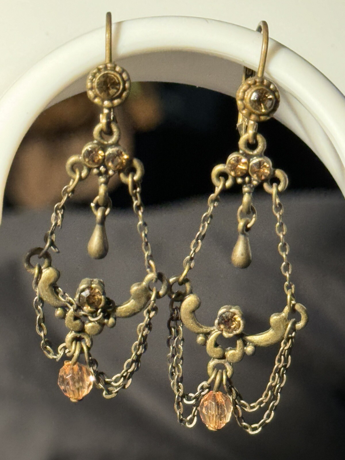 Antique Chandelier Peach Beads Earrings Alloy Metal Self Clasp Beautiful 2inch