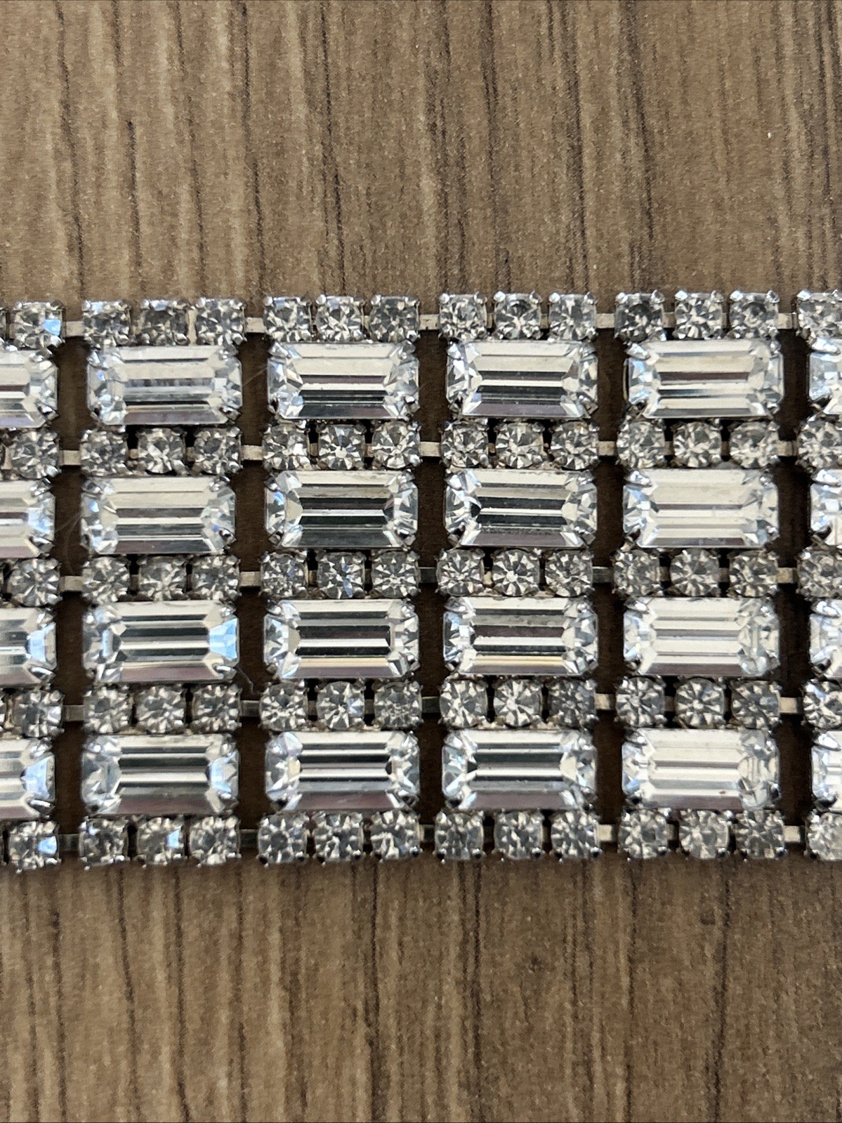 Vtg Wide Rhinestone Bracelet Multiple Rows Baguette & Round Cut Stones