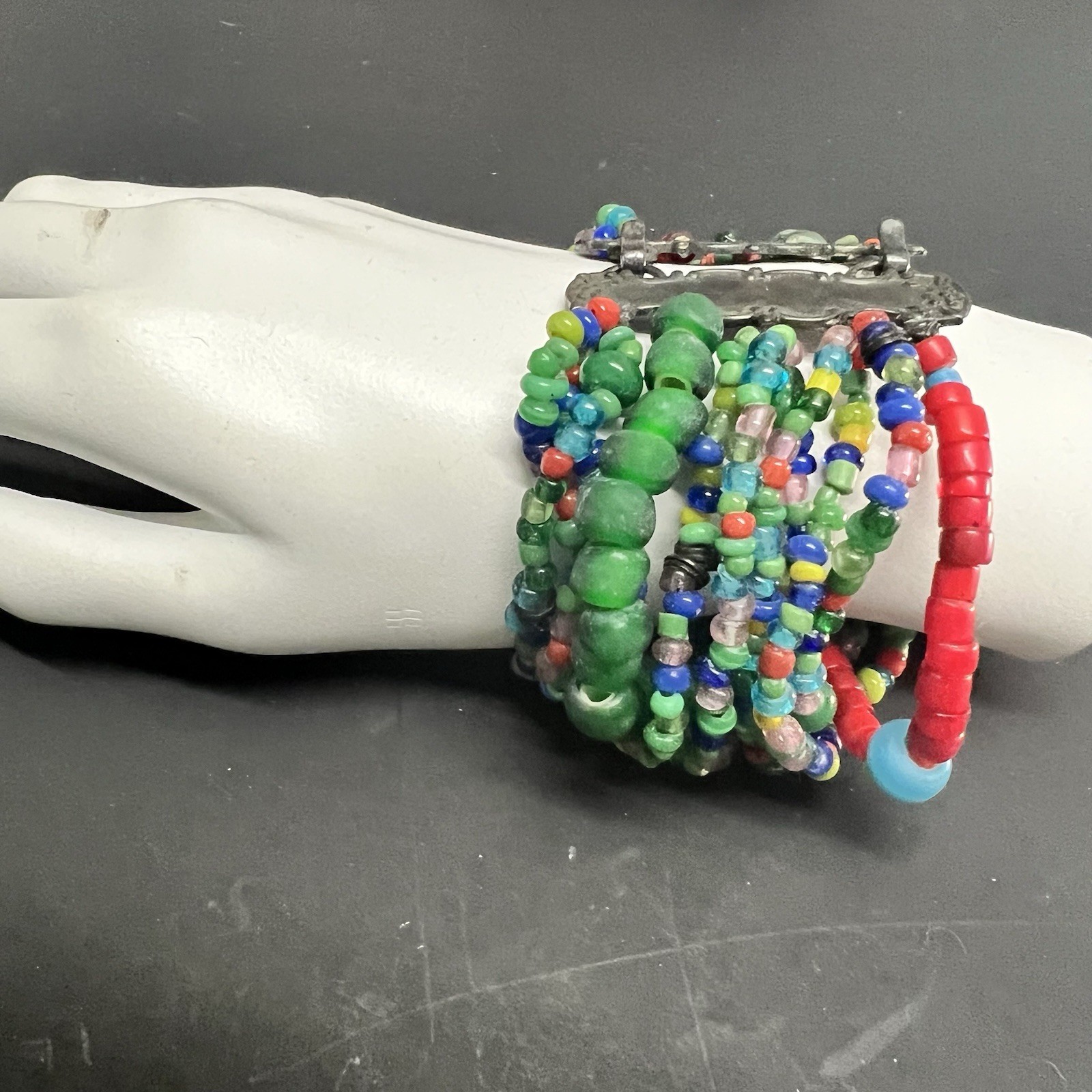T. FOREE African Trade Multi Strand Glass Beaded Bracelet Sterling Silver 7.5″