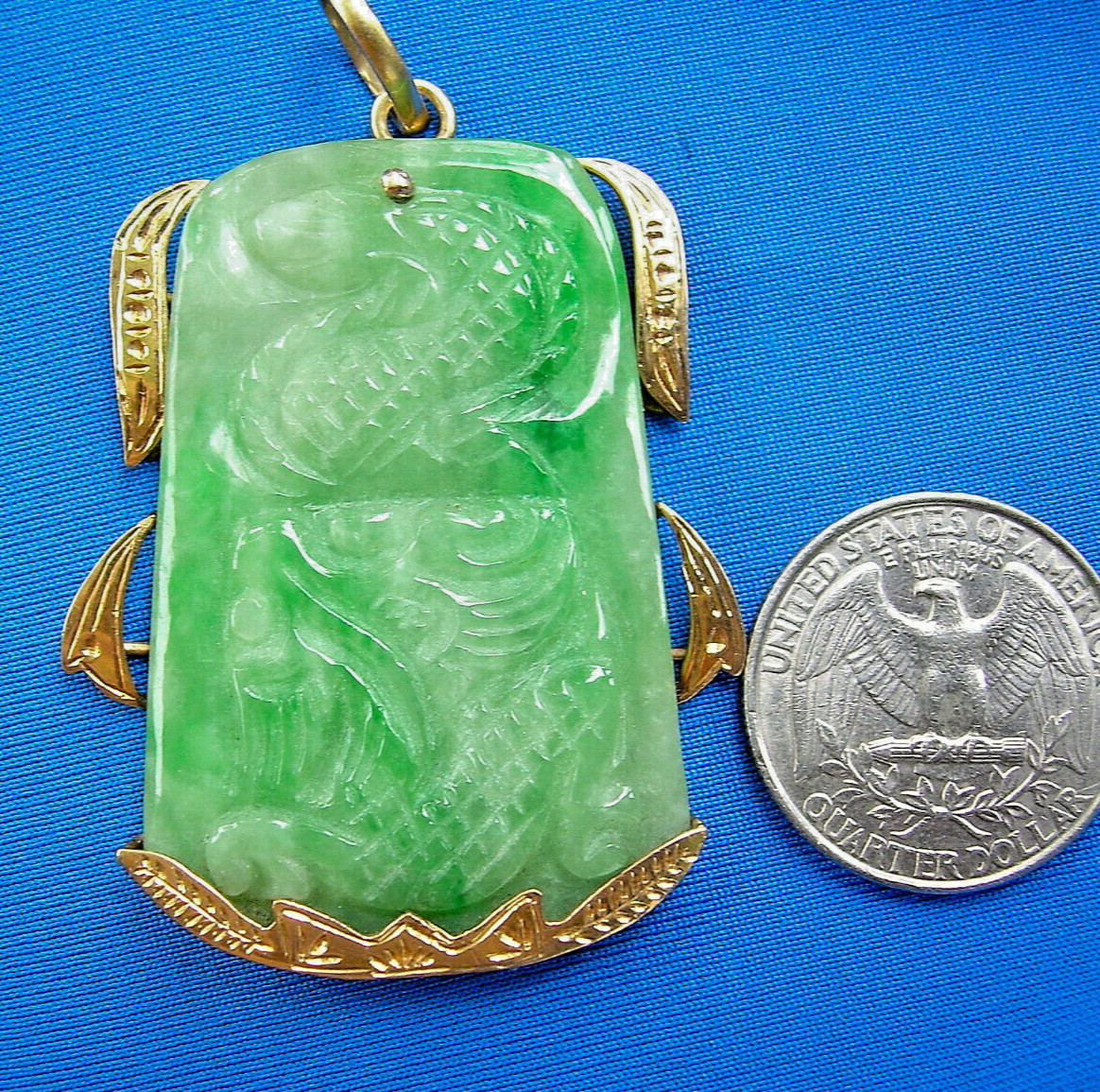 Original EARTH MINED Antique Green JADE DRAGON Pendant 14K GOLD Deco Luck Gift
