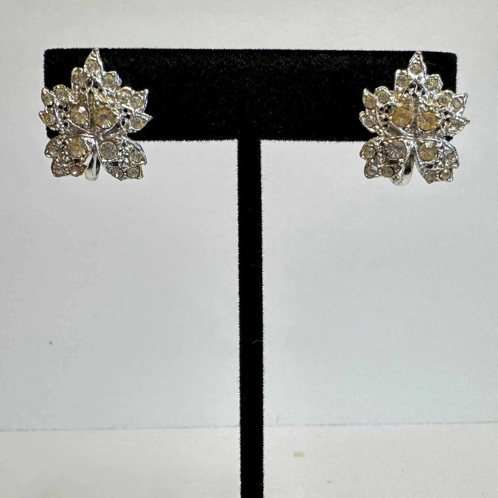 Vintage Silver Tone Rhinestone Maple Leaf Earrings Screw Back