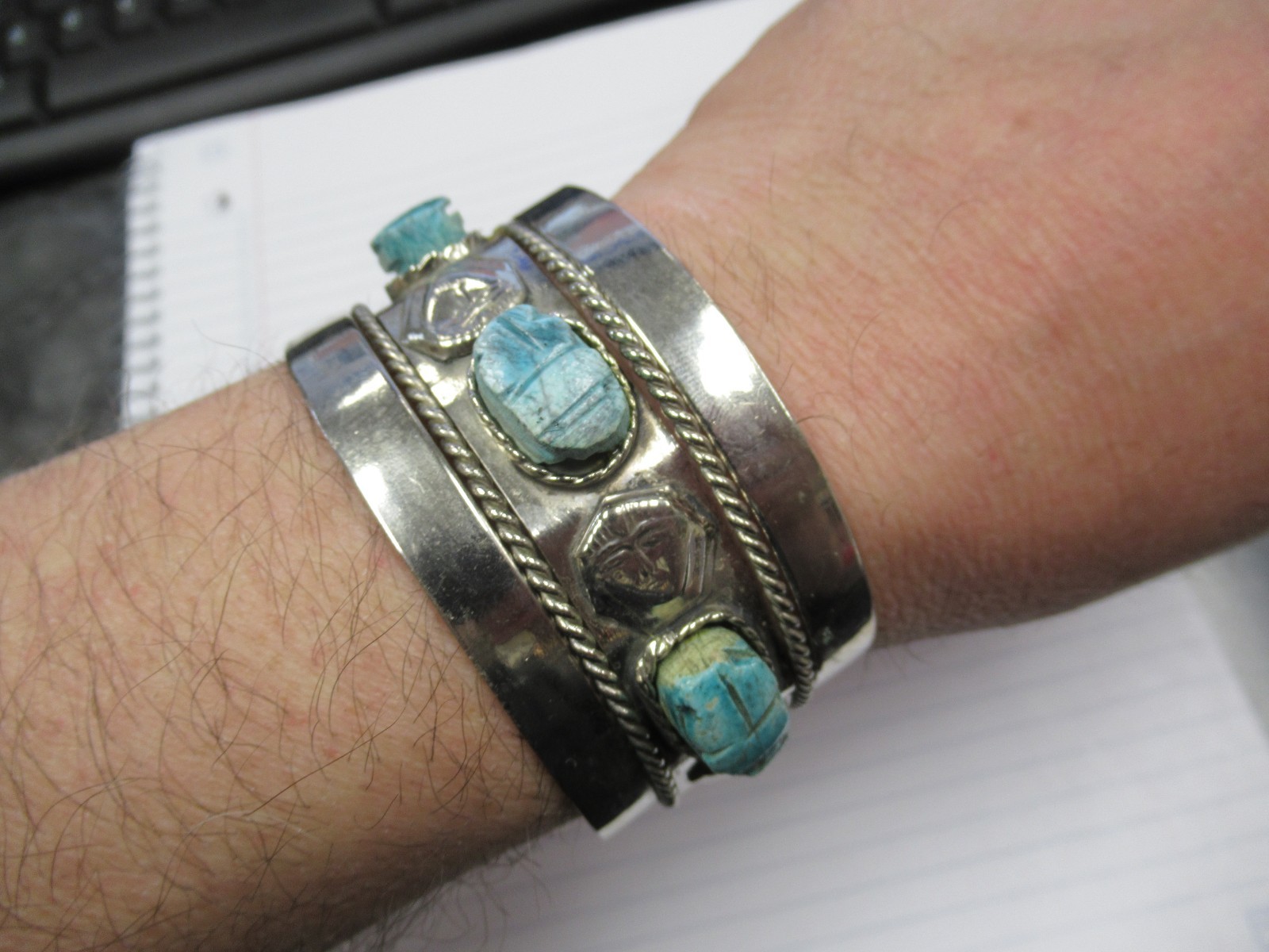 Vintage Made in Egypt Egyptian Faience 3 Scarab Costume Jewelry Cuff Bracelet