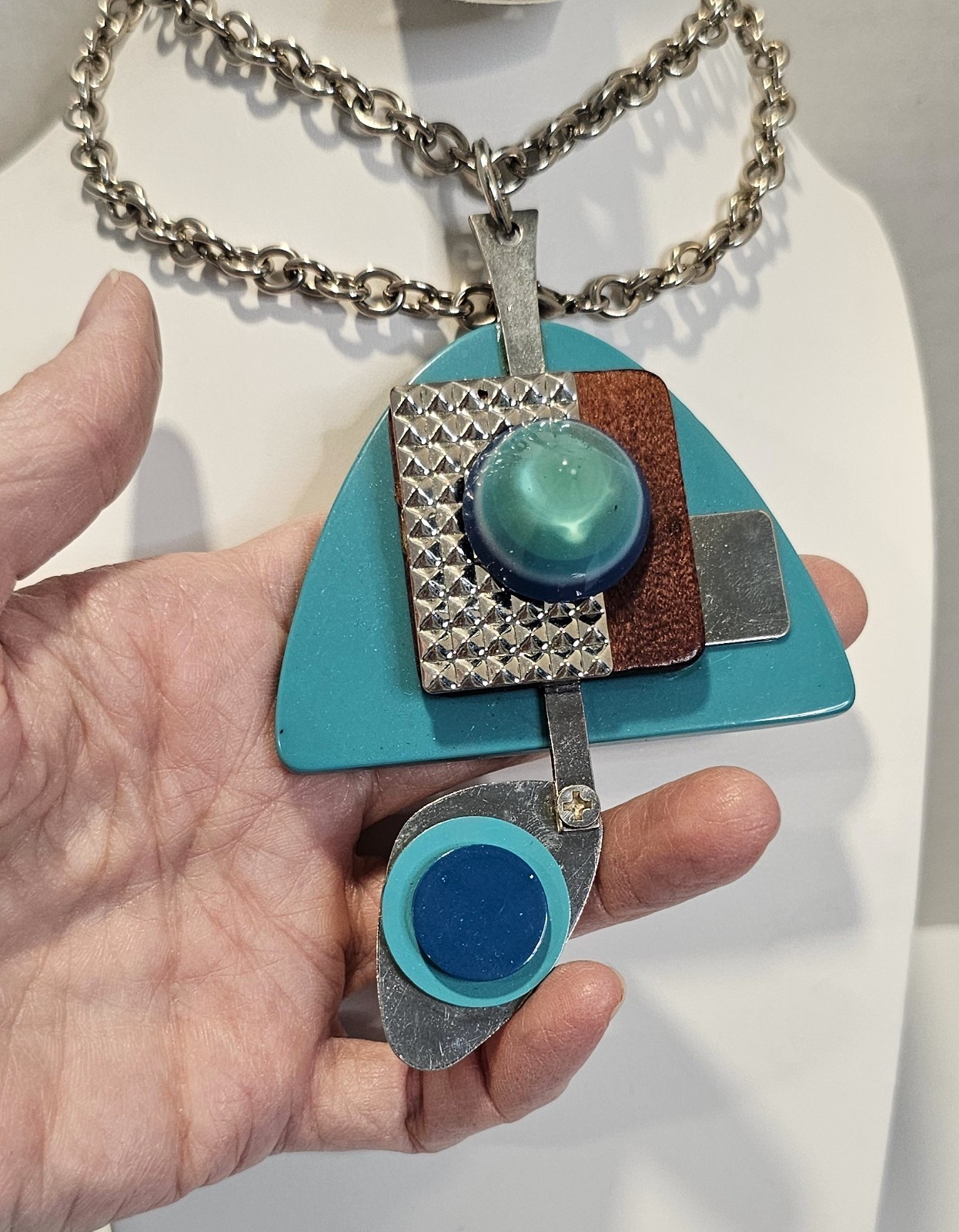 Modernist Abstract artisan pendant necklace turquoise color