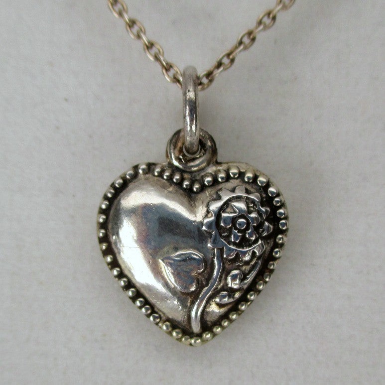 Sterling Silver Sunflower Puffy Heart Charm for Bracelet Beaded Vintage New 23