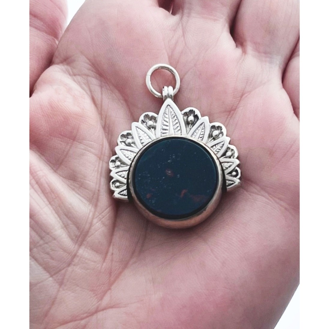 Antique 1800’s Victorian Bloodstone + Carnelian Fob Pendant *Birmingham Silver*