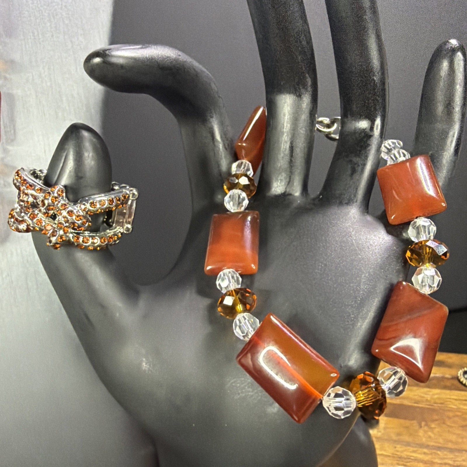 Carnelian Agate Beads w/ Clear, & Amber-Colored Spacers VTG Jewelry Set