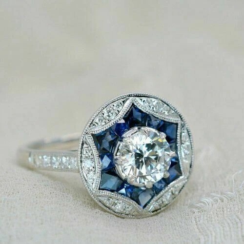 Art Deco Style Lab Created Diamond & Sapphire Anniversary 14K White Gold FN Ring