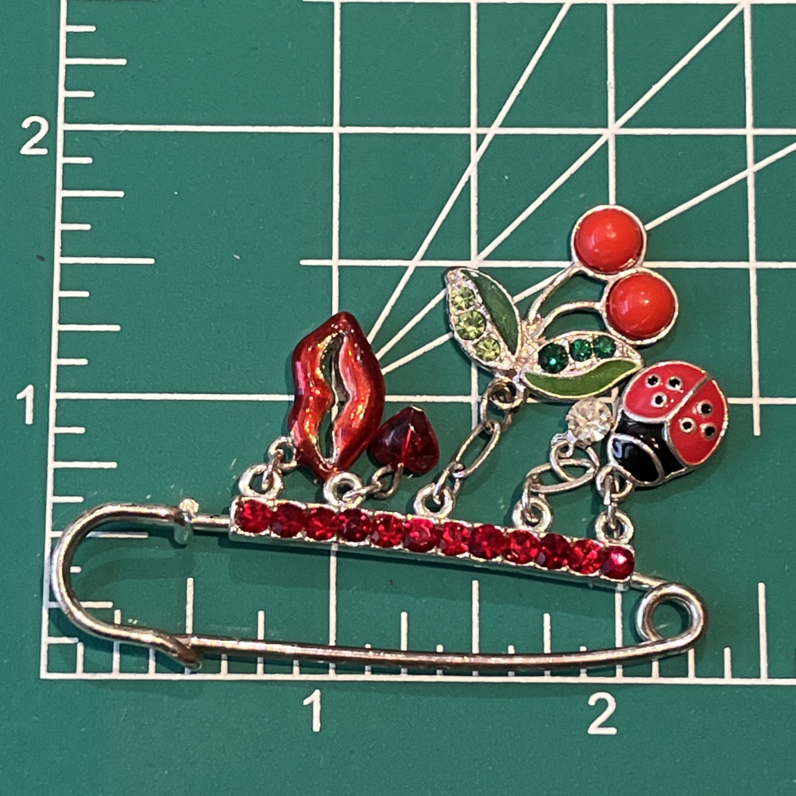 Vtg Lucky Charm Safety Pin Brooch Lips Heart Cherries Ladybug Nature Love & Luck