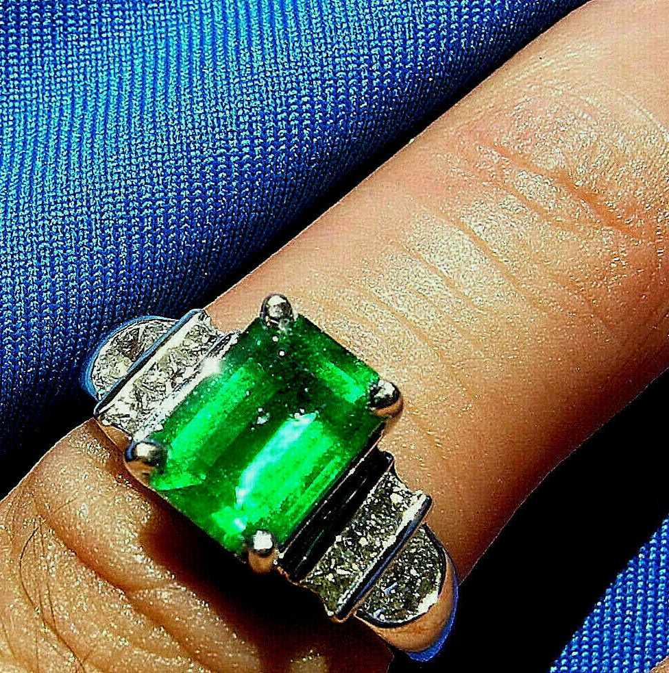 Original EARTH MINED EMERALD DIAMOND Deco Engagement Ring 14K GOLD Solitaire S 7