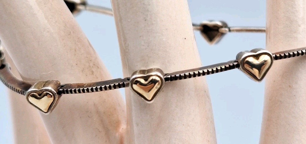 VTG STERLING SILVER & 14K WJ Signed TwoTone Puffy Heart Bar Link Dainty Bracelet