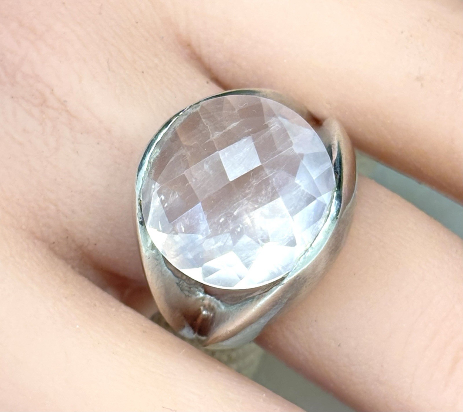 Vtg Hand Cast Sterling Silver 925 Faceted Round Pink Quartz Band Ring Size 7