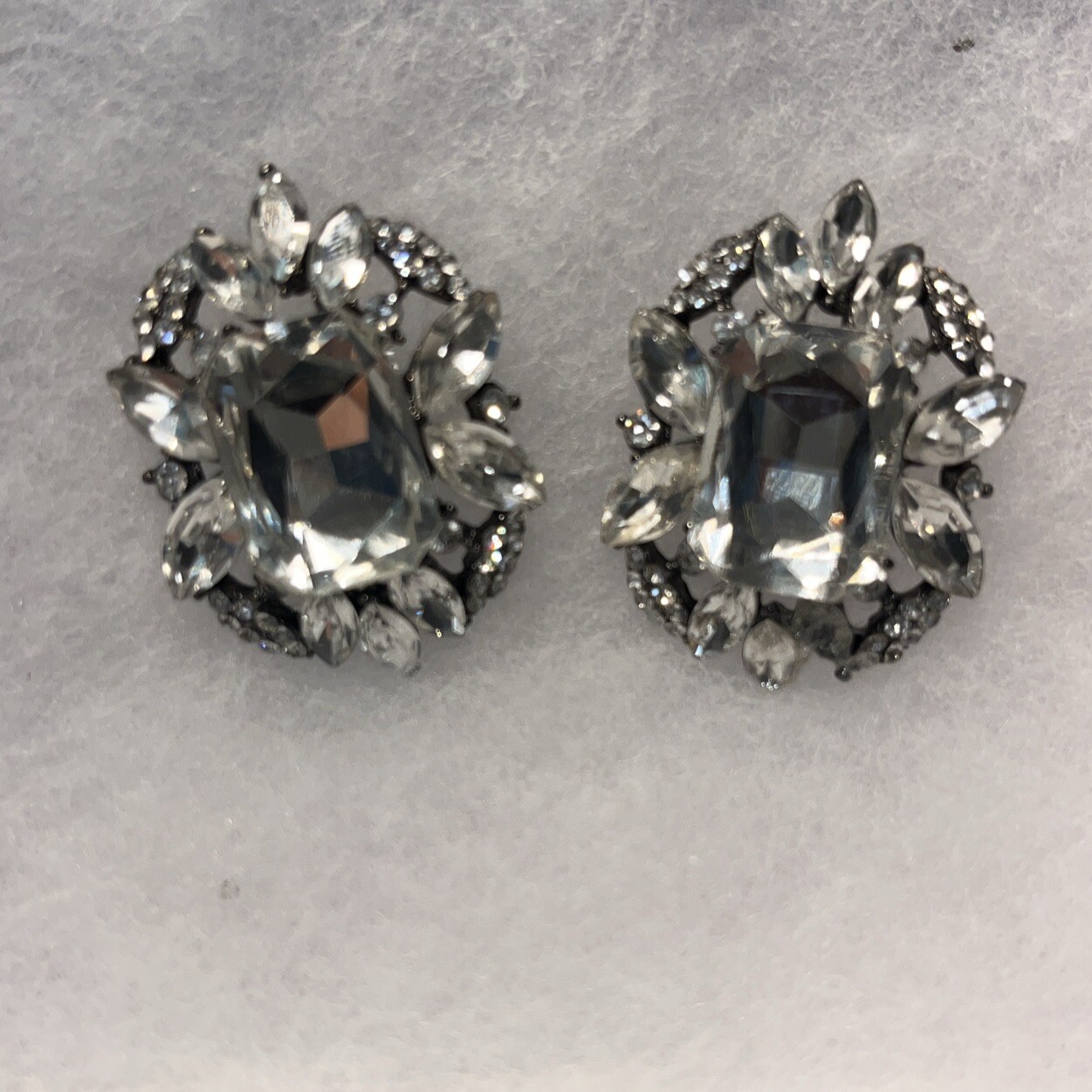 Vintage Huge Clear Rhinestone Cluster Earrings Pierced Silver 1980s Runway Glam