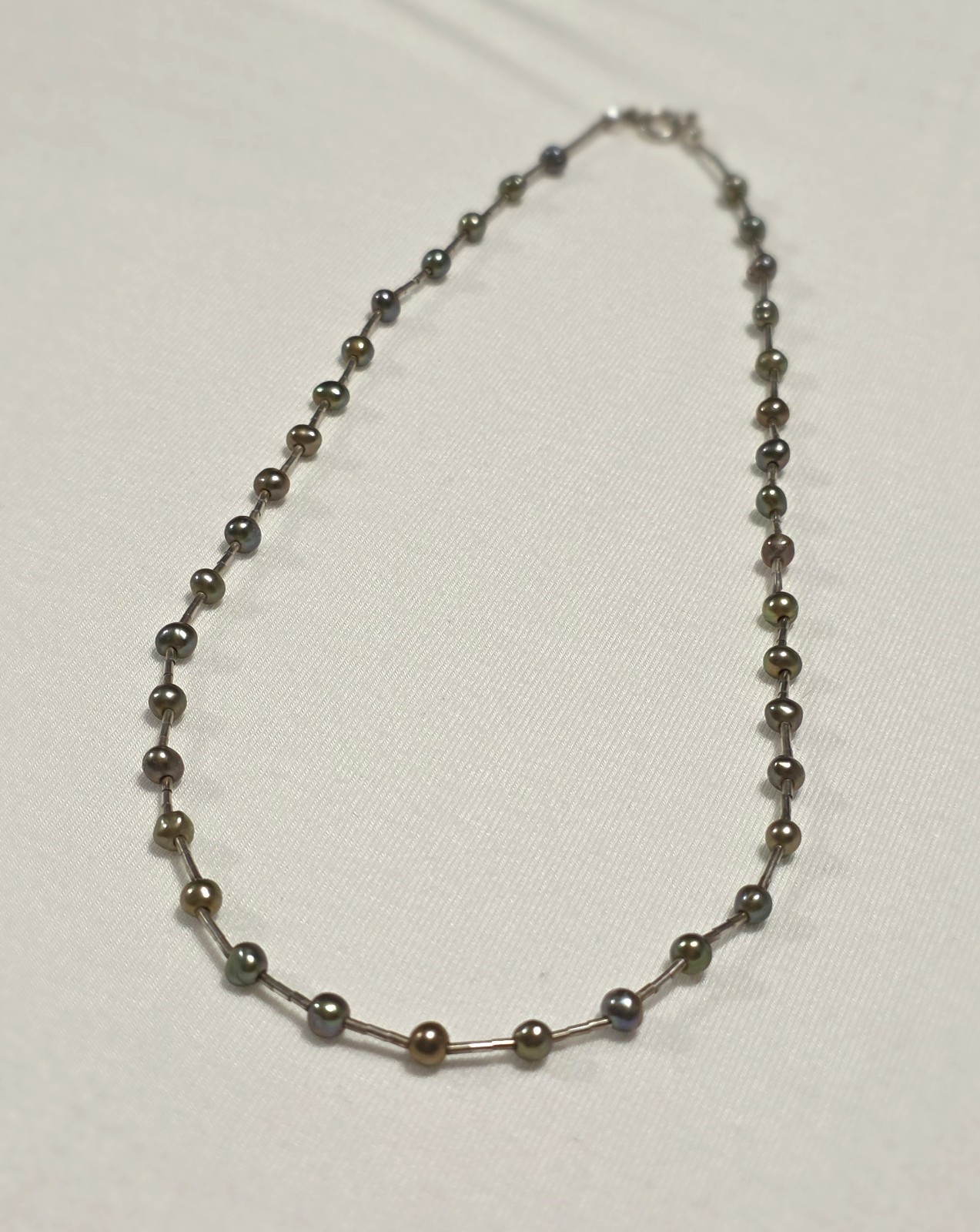 925 Sterling Silver Peacock Pearl Station Necklace 16″ Taxco Style Vintage