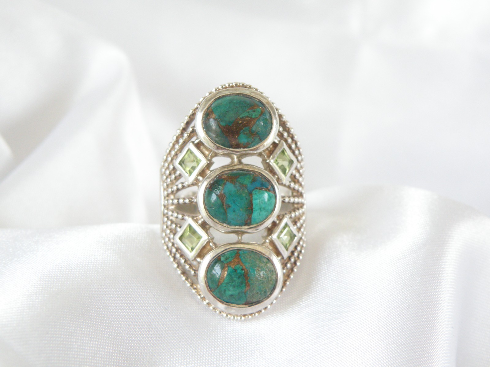 Sterling Silver 925 Large Chrysocola and Peridot Multi Stone Statement Ring 7