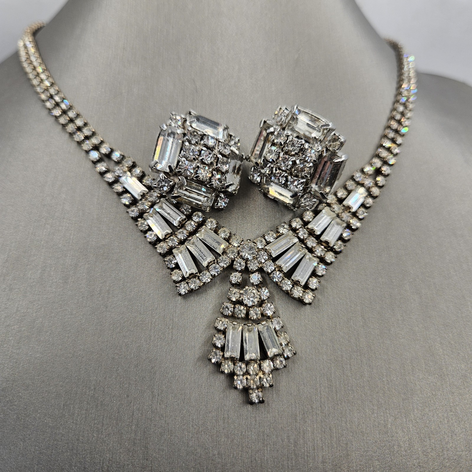 Vintage Art Deco Rhinestone Necklace Earrings Set Clear Baguette Pave Lot 15″