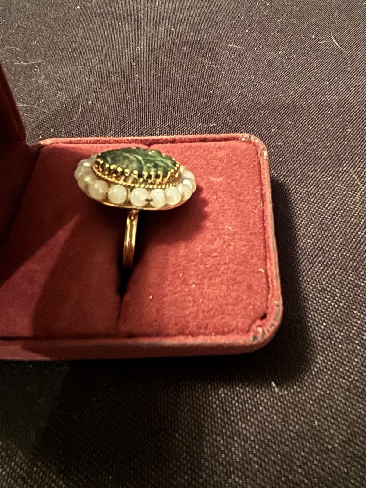 JANUARY SPECIAL – Vintage Carved Jade & Pearl 14K Yellow Gold Ring