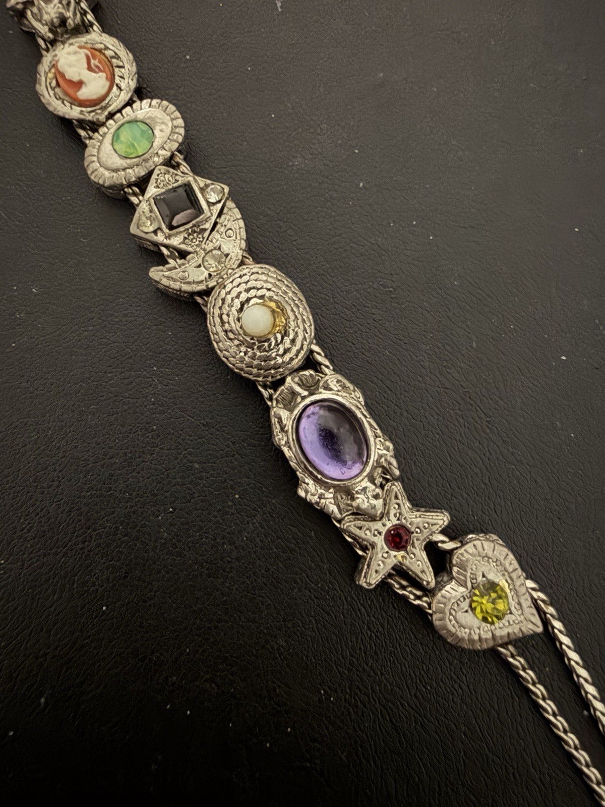 Unsigned Vintage Goldette Silver Tone Victorian Revival Slider Charm Bracelet 7”