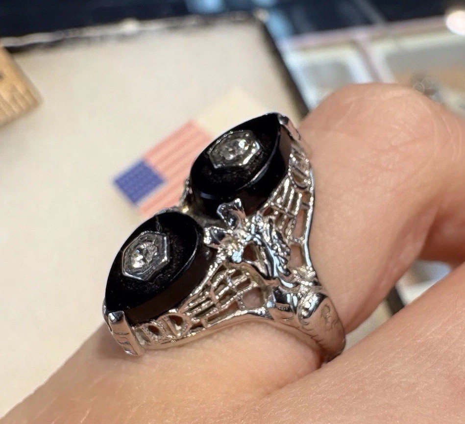 14k White Gold Ring, Size 4, With Single Cut Two Diamonds, 3.5g