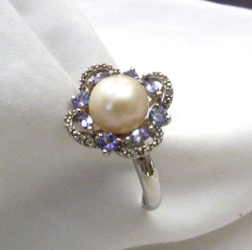 DESIGNER HT 9.5MM LARGE CULTURED PEARL AMETHYST GEMS STERLING SILVER RING SZ 10