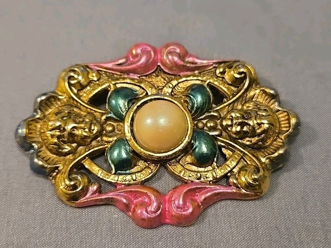 Art Nouveau Style Brooch Pin Cherub Faces Gold Tone and Faux Pearl