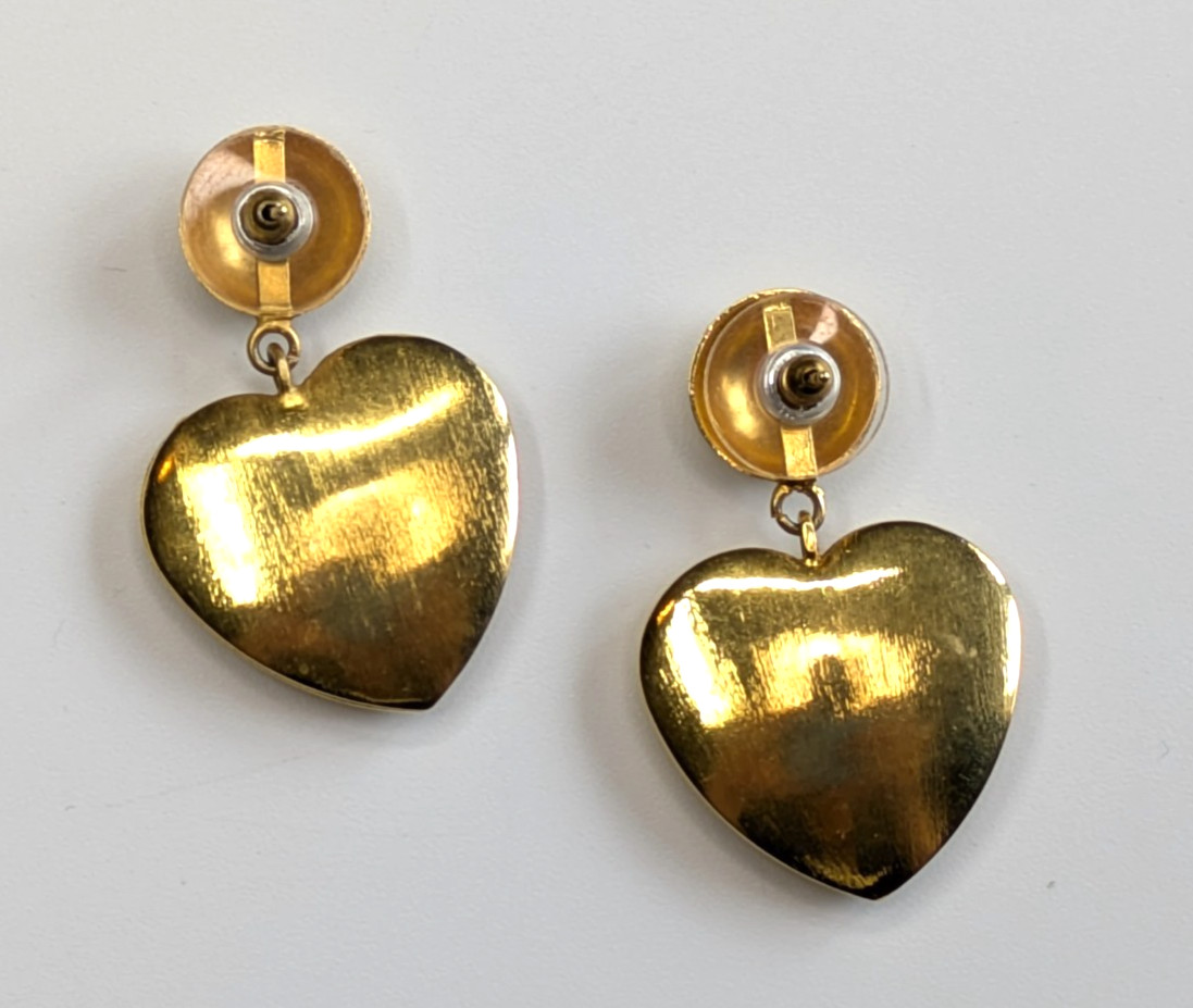 VTG Hollow Gold Tone Puffy Heart 1 5/8″ Drop Pierced Earrings Whimsical