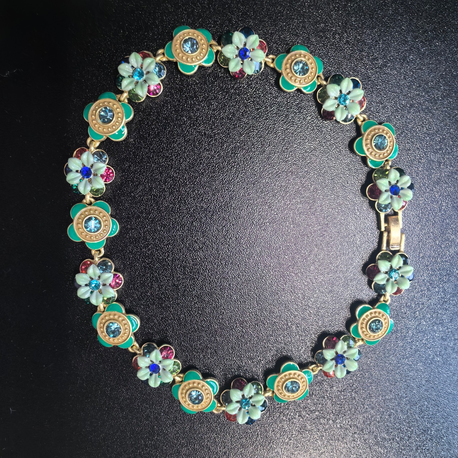 Vintage European Floral Link Necklace Rhinestone Gold Victorian Jewelry Gift