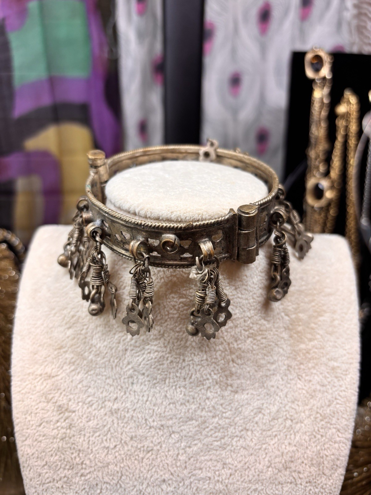 Vintage Metal Bangle Bracelet Belly Dancing Jewelry Cutouts Jingle Hinged 7.5”