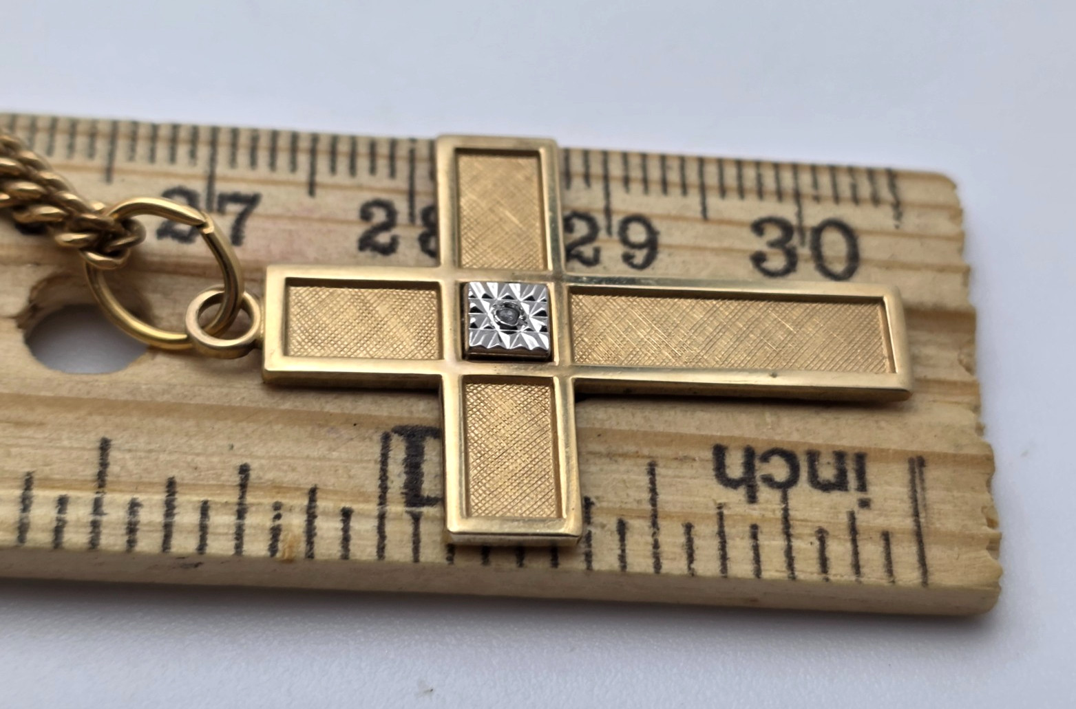 Vintage Artisan 12K Gold Filled Cross Necklace Diamond Accent 20in Curb Chain