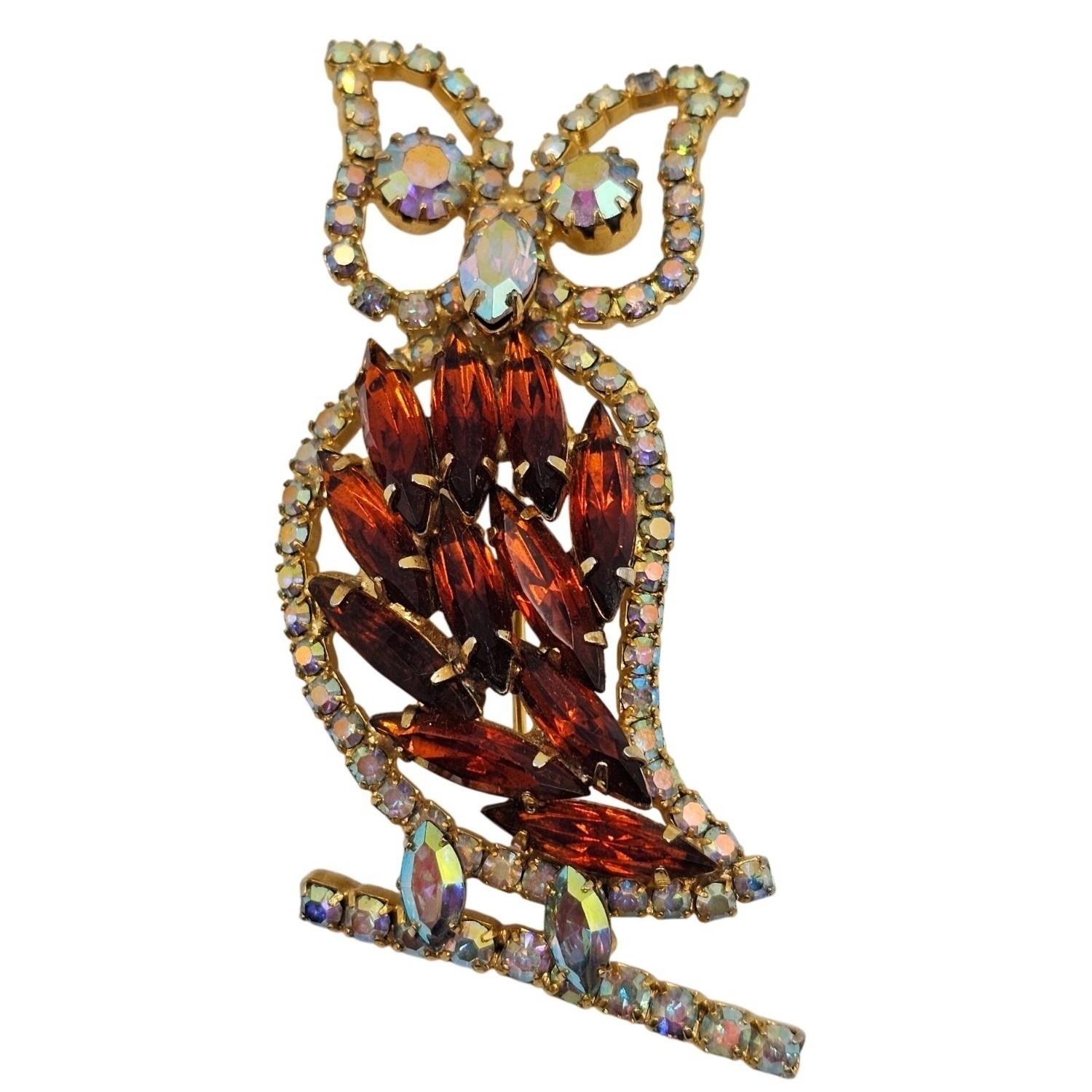Vtg Rhinestone Owl Brooch Gold Tone Aurora Borealis Figural 2.5″ Pin Woodland