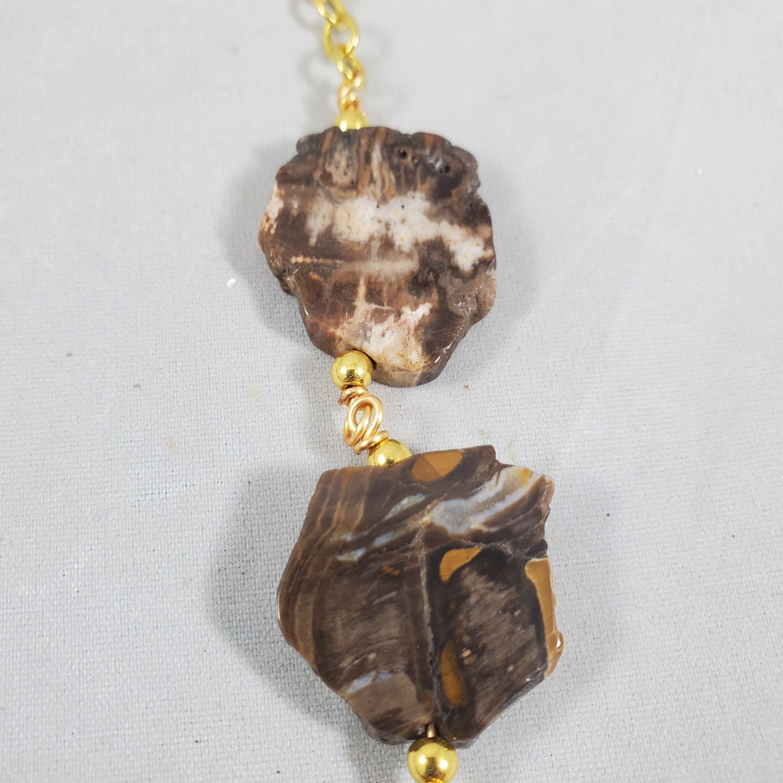 Polished Petrified Wood 7 Slices Gemstone Gold Tone Collar Necklace Vintage