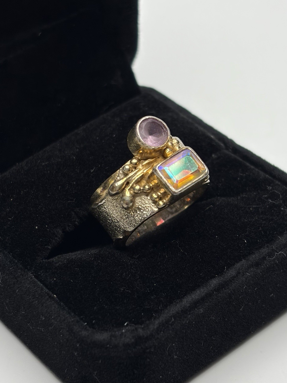 Vintage Sterling Silver 925 Artisan Ring Pink Stone Opal Mixed Metal Size 5