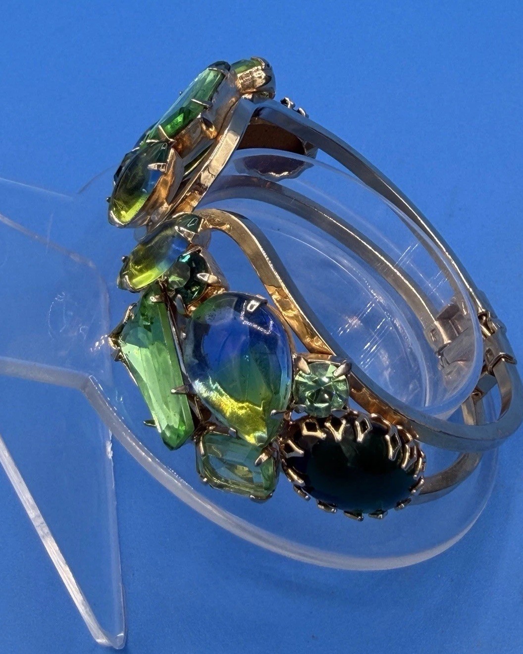 Vintage Gold Tone Bracelet w/ Blue & Green Stones • Bold Statement Jewelry