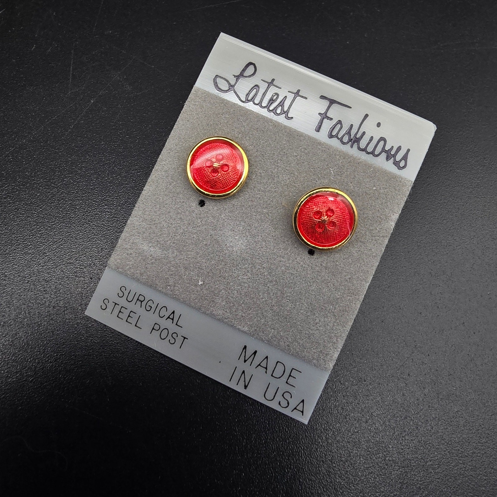 Coral Orange Enamel Button Stud Earrings Pierced Vintage 1980s 1990s NOS On Card