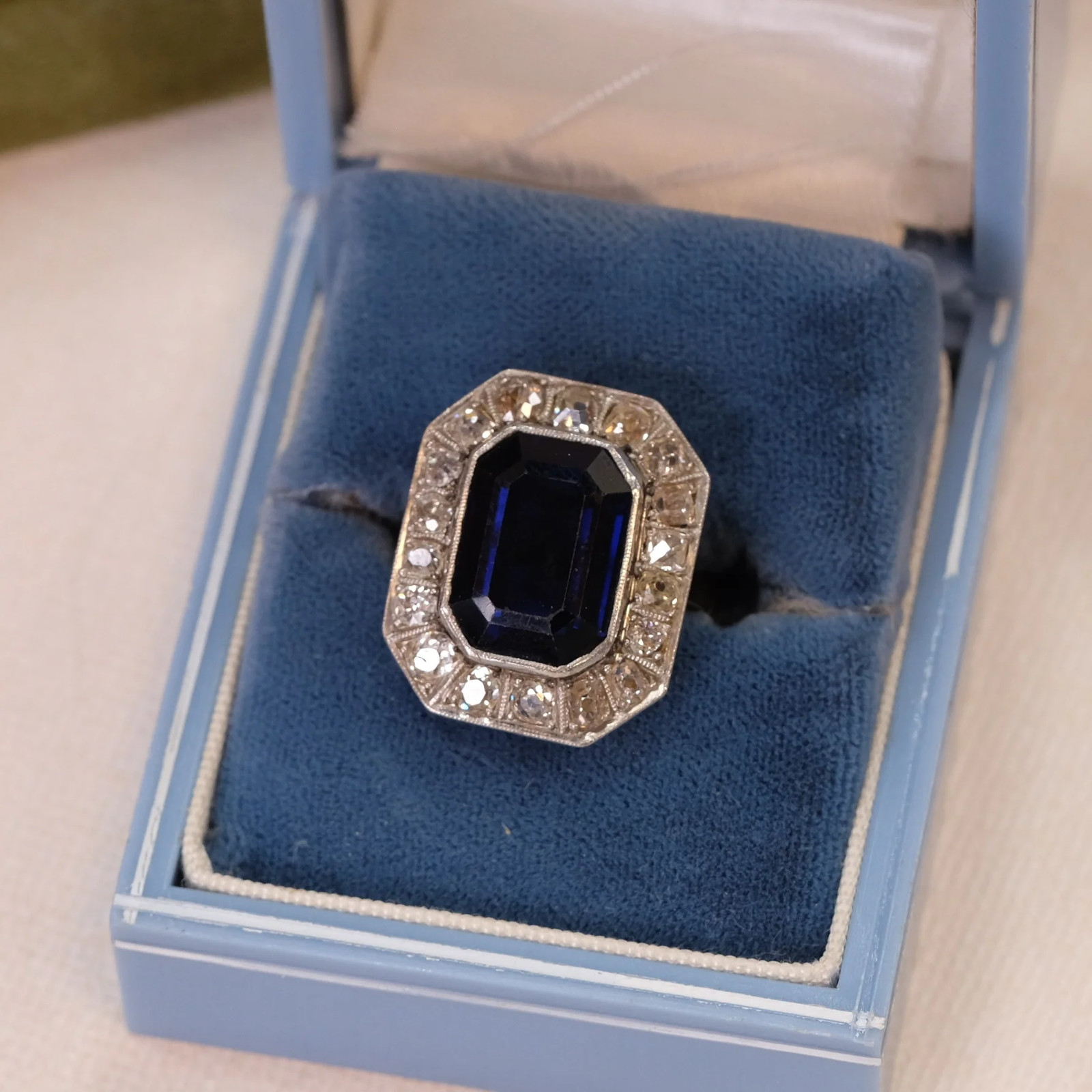 Old Mine Cut Diamond Sapphire Ring