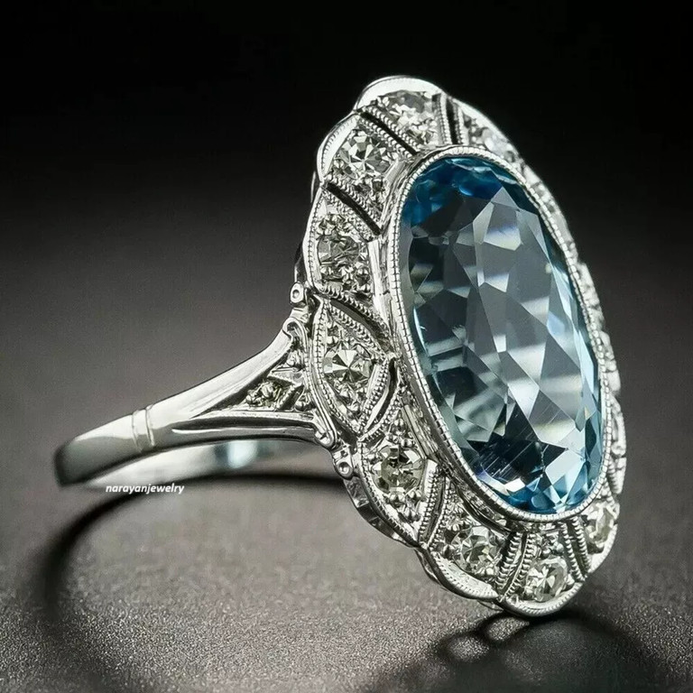 2.23 CT Elongated oval cut aquamarine milgrain style 925 sterling silver Ring