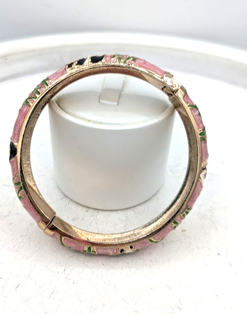 Vintage Cloisonne Panda Hinged Bracelet Pink Enamel Bamboo Gold Tone Bangle