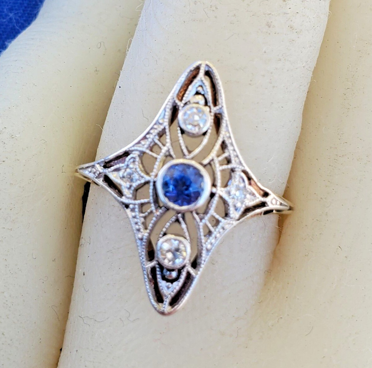 Original EARTH MINED SAPPHIRE DIAMOND Engagement Ring Antique Deco 14K GOLD S 5