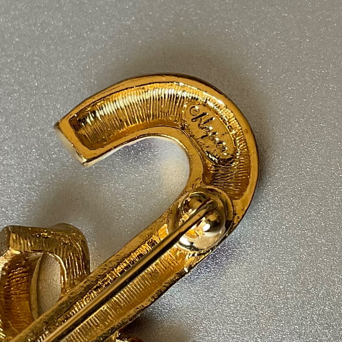 Vintage Napier Christmas Candy Cane Pin with Bow Gold Tone & Enamel