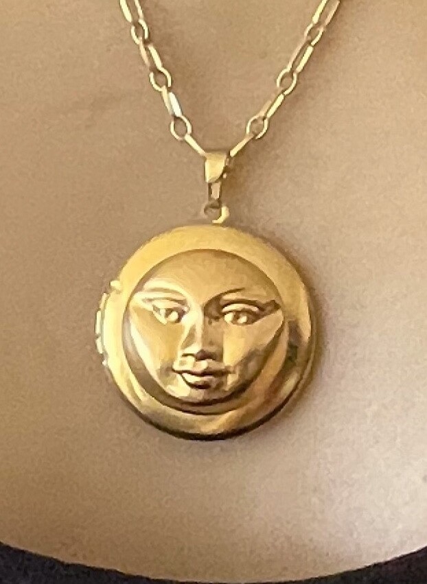 Man in the Moon Locket Necklace Large Brass Pendant Celestial Lunar Centerpiece